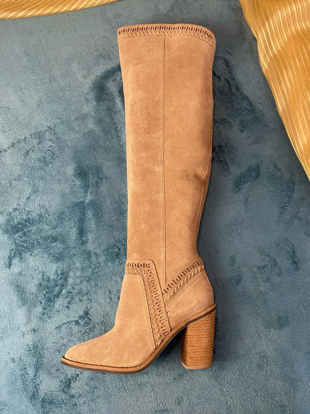 VINCE CAMUTO Tan Suede Leather Over-the-Knee 4” Heel Boots, 9, zipper, elastic